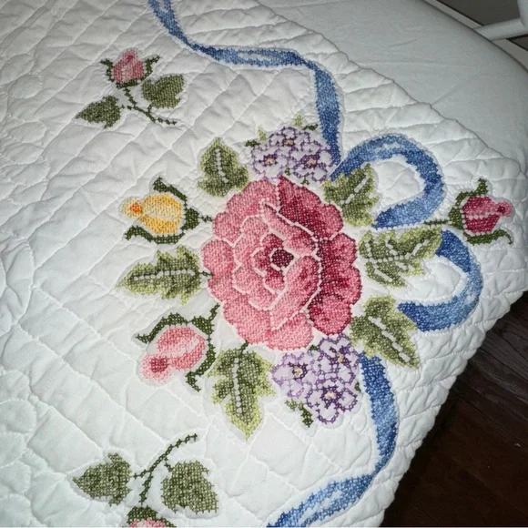 Vintage Quilt Embroidered Handsewn Cross Stitch Bedspread Flowers Ribbons 84x84” - Picture 6 of 13
